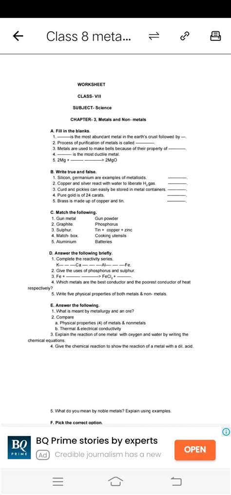 Class Meta Worksheet Class Viii Subject Science Chapter Metals