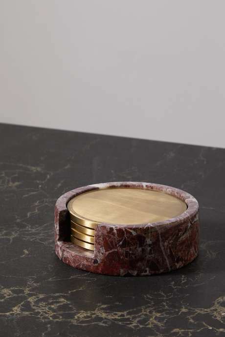 Burgundy Kirtle Set Of Four Gold Tone Coasters And Marble Holder SOHO