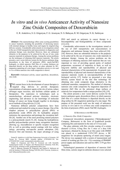 PDF In Vitro And In Vivo Anticancer Activity Of Nanosize Zinc Oxide