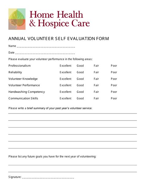 Annual Volunteer Self Evaluation Form Home Health Hospice Care