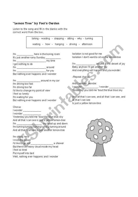 Lemon Tree By Fools Garden Esl Worksheet By Darkeststar