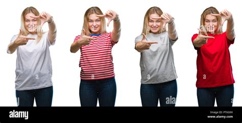 Collage der junge hübsche blonde Frau trägt ein T Shirt mit weißem Hintergrund isoliert lächelnd