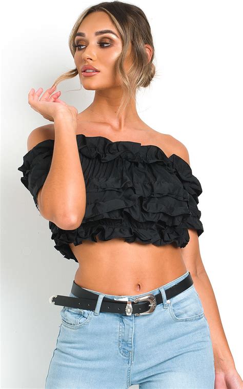 Cece Off Shoulder Ruffle Crop Top In Black Ikrush