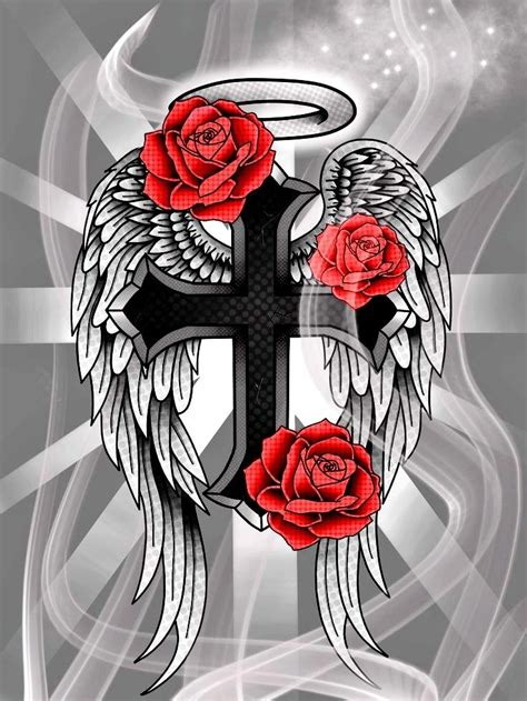 Cross with Angel Wings and Roses Tattoo Design