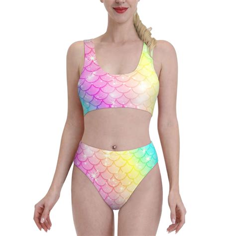 Lukts Women High Waisted Bikini Set Fish Scale Swimsuit Piece Bathing