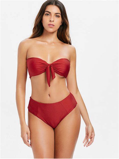 Off Shiny Tied Bandeau High Leg Bikini In Chestnut Red Zaful