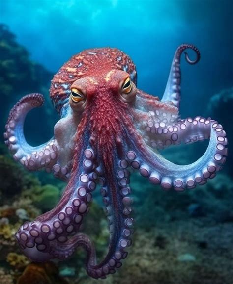 An Octopus Is Swimming In The Ocean With Its Eyes Open And Its Head