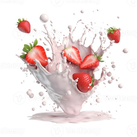 Milk Splash With Strawberry Isolated On Transparent Background 3d