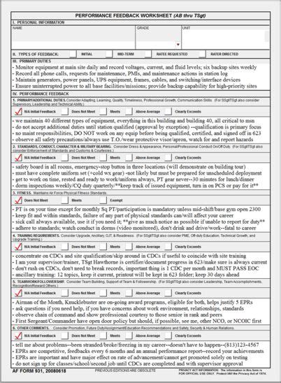 AF Form 931 Performance Feedback Worksheet