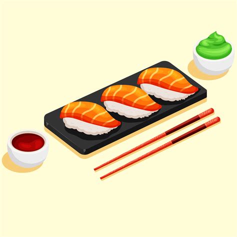 Cartoon Sashimi With Salmon Wasabi Dip And Soy Sauce With Wooden