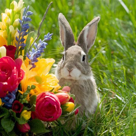 Playful Easter Bunny Peeking Out From Behind A Vibrant Floral