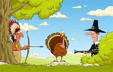 Native American And Pilgrim Turkey Hunt In Nature No Transparency Used  And Eps Vector