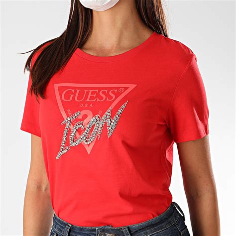 Guess Tee Shirt Femme Strass W0YI32 I3Z00 Rouge Argenté