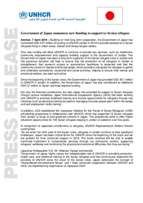 Document Press Release New Japan Funding To Unhcr Jordan April 2019