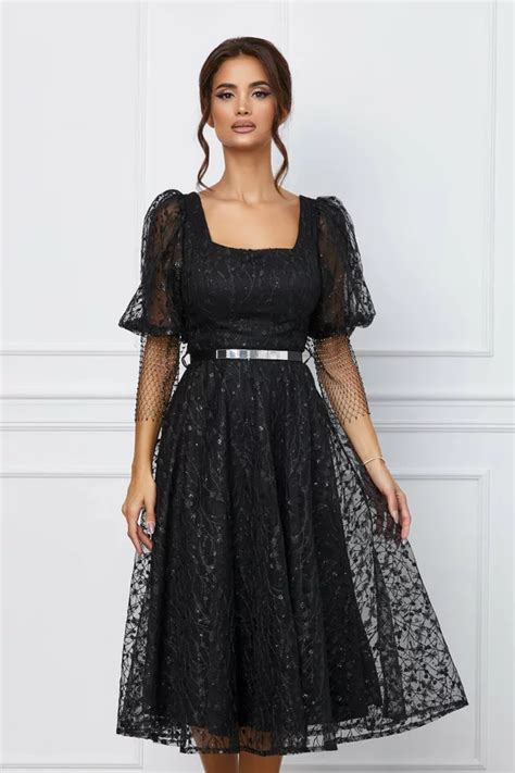 Rochie Denisa Neagra Din Tulle Cu Plasa La Maneci Si Curea In Talie