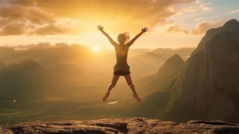 Premium Photo A Cheerful Woman Jumping With Joy Of Freedom