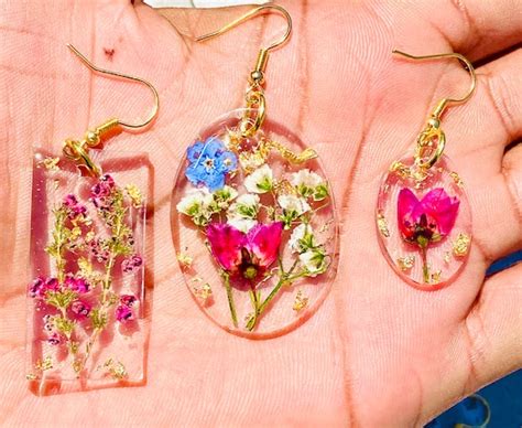 Handmade Resin Earrings Pressed Flower Dangle Earrings Resin Etsy