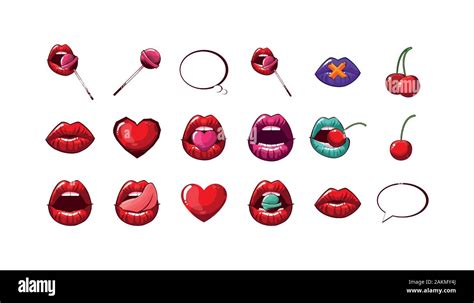 Female Mouths Set Design Of Lips Expression Character Caricature Fun