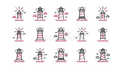 Lighthouse Line Icons Searchlight Tower With Seagull For Marine