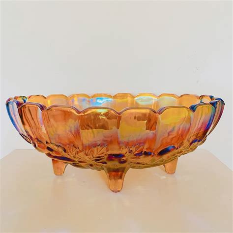 Amber Fruit Pattern Carnival Glass Oval Bowl Indiana Glass Etsy