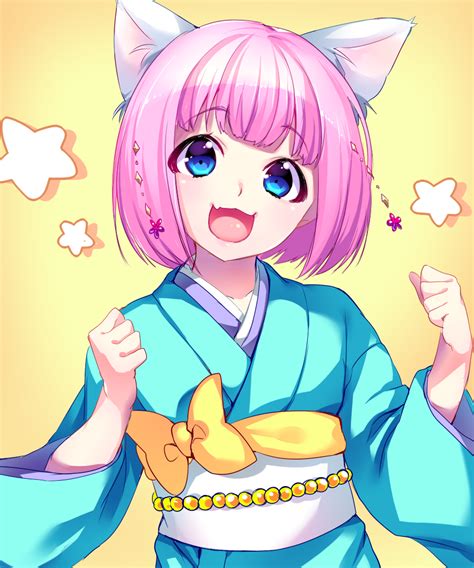 Safebooru 1girl Animal Ears Blue Eyes Bob Cut Cat Ears Fang Japanese