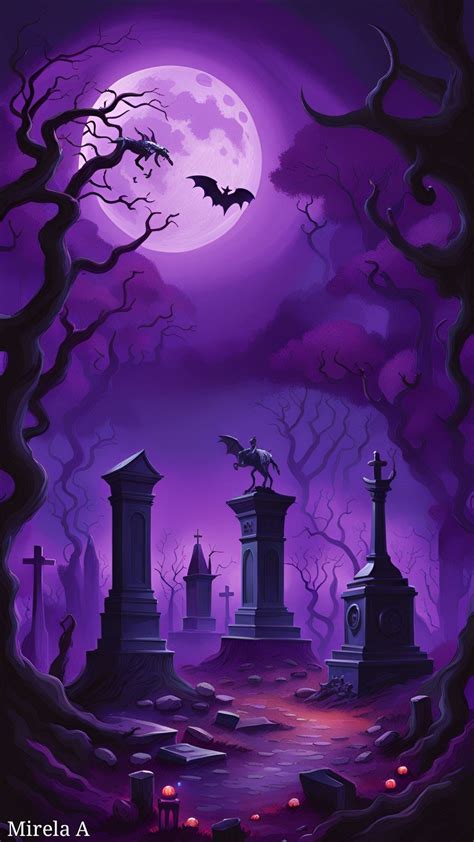 Spooky Halloween Cemetery Scene with Bats and Tombstones