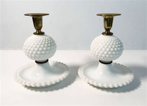 Vintage Pair White Milk Glass Hobnail Candlestick Holders 2 White