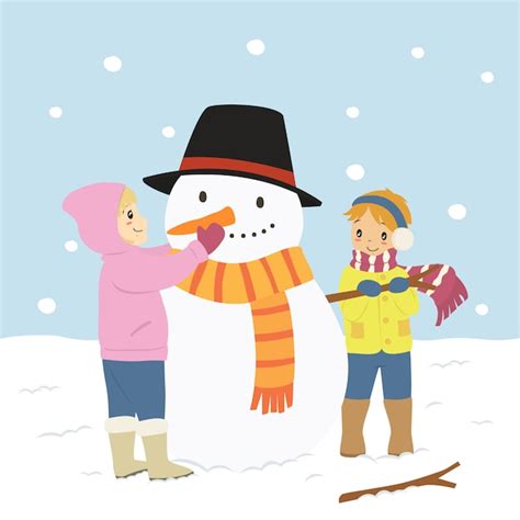 Niños felices haciendo un muñeco de nieve personaje Vector Premium