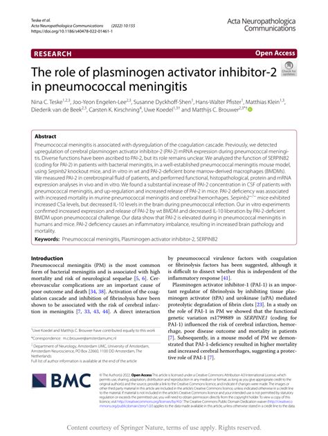 Pdf The Role Of Plasminogen Activator Inhibitor In Pneumococcal