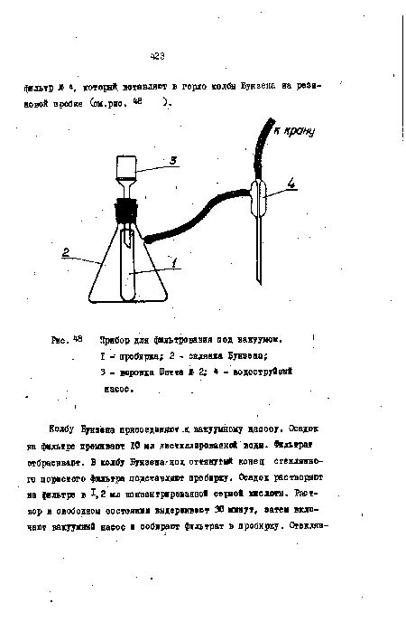 Прибор для фильтрования под вакуумом. 1 I - пробирка; 2 - склянка Бунзена;