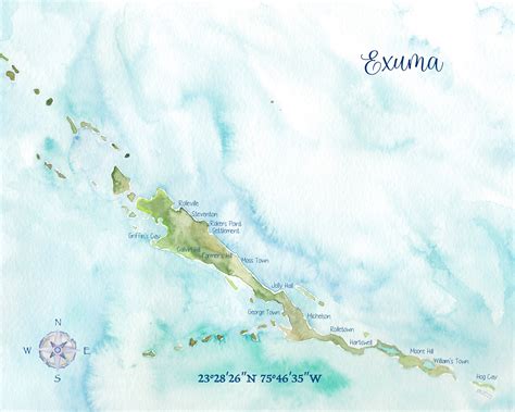 exuma bahamas watercolor map etsy