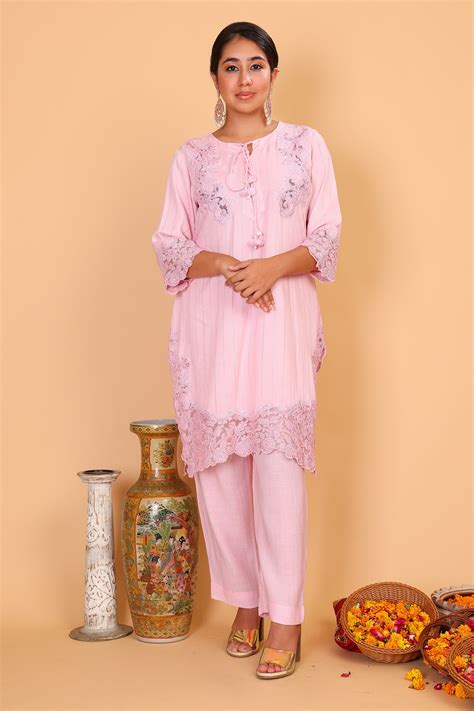 Buy Pink Cotton Embroidered Dori Round Kurta And Pant Set For Women By