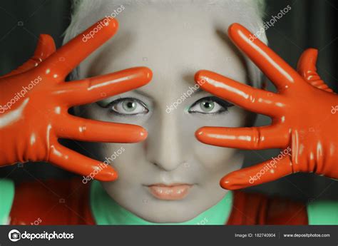 Cute Short Haired Blonde Girl Posing Latex Catsuit Rubber Red Stock Photo Agnadevi