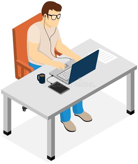 Office Worker Male Character Sitting At Table With Laptop Businessman