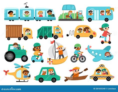 Vector Transportation Set with Children. Funny Water, Land, Air Transport Collection with ...