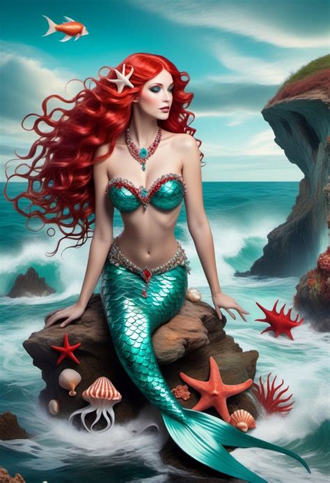 A Beautiful Mermaid With Bare Breasts Sits On A Stone In The Sea