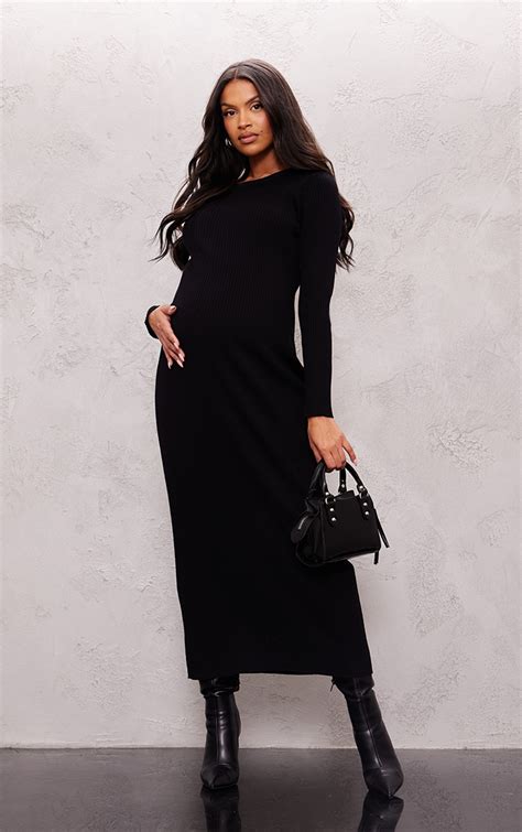 Maternity Black Rib Knit Long Sleeve Maxi Dress Maternity Prettylittlething Aus