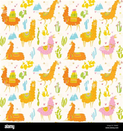 Vector Summer Seamless Pattern With Lamas And Cactus Stock Vector Image