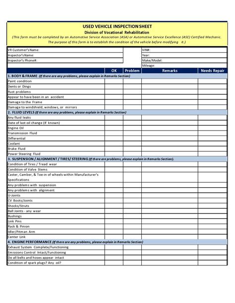 Free Printable Commercial Vehicle Inspection Form Template Excel