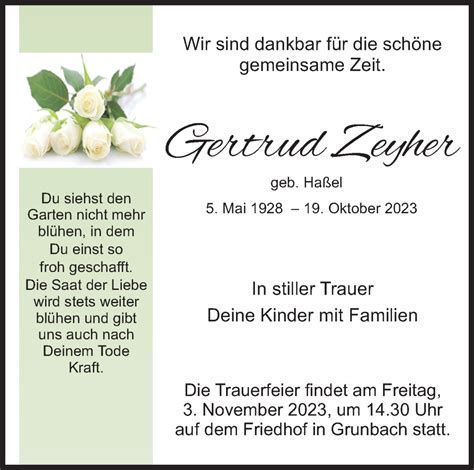 Traueranzeigen Von Gertrud Zeyher Zvw Trauer