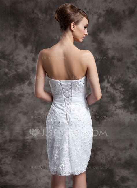 Sheath Column Strapless Knee Length Satin Organza Lace Wedding Dress