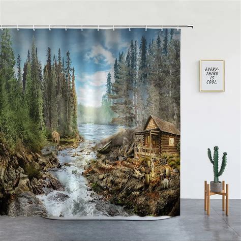 Rustic Forest Landscape Shower Curtains Vintage Cabin River Elk Birds