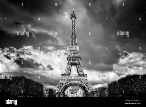 Eiffel Tower Seen From Champ De Mars Park In Paris France Black And