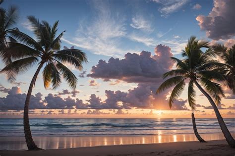 Premium AI Image | Sunset at tropical beach and coconut tree