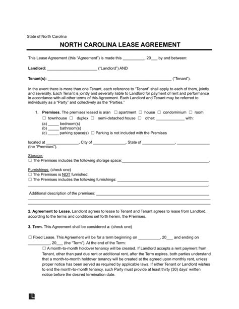 Free North Carolina Lease Agreement Form Legal Templates