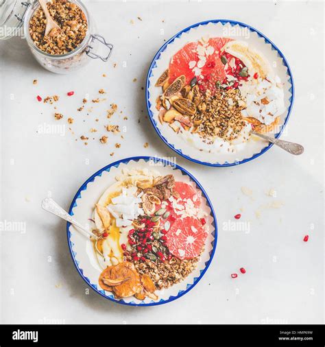 Healthy Breakfast Yogurt Bowls With Granola Fruits Seeds Nuts Stock