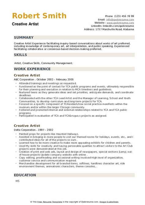 Creative Artist Resume Samples Qwikresume