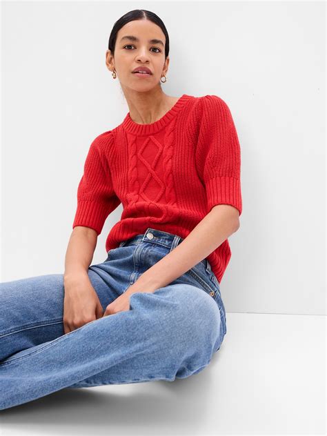 Puff Sleeve Cable Knit Crewneck Sweater Gap