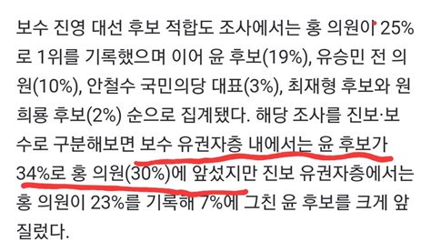 보수 지지층에서 윤 34 홍 30 정치시사 에펨코리아