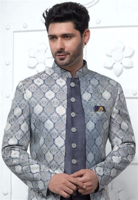 Buy Woven Art Jacquard Silk Layered Sherwani In Grey Online Mly